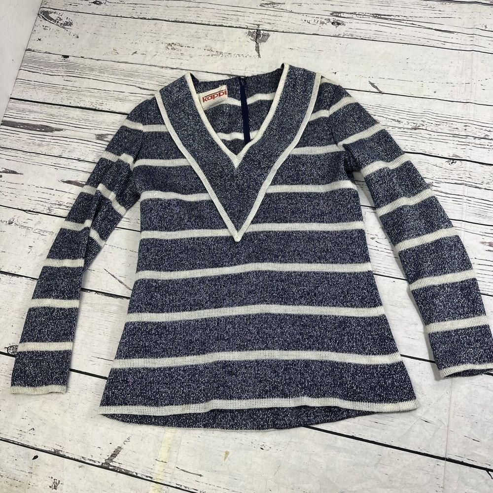 Kappi Vintage 70s Navy Striped Lurex Metallic Knit V-Neck Top Union Made USA